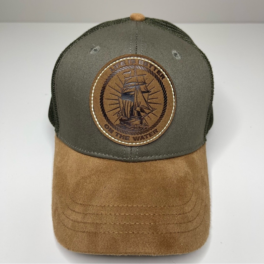 NWOT Life Is Better On The Water Trucker Snapback Hat (Olive / Tan) Nautical Hat